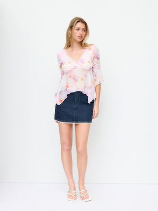 Stretch Denim High Rise Lace Trim Pencil Mini Skirt