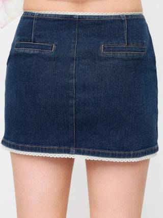 Stretch Denim High Rise Lace Trim Pencil Mini Skirt