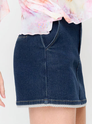 Stretch Denim High Rise Lace Trim Pencil Mini Skirt