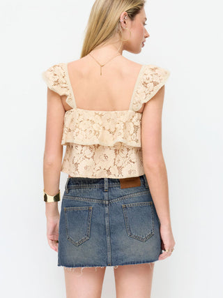 Washed Denim Low Rise A-line Mini Skirt With Metal Detail