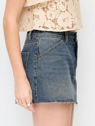 Washed Denim Low Rise A-line Mini Skirt With Metal Detail