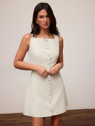 Linen-blend Linen-blend Braided Button Back Belt Square Neck Mini Dress For Daily Casual Work