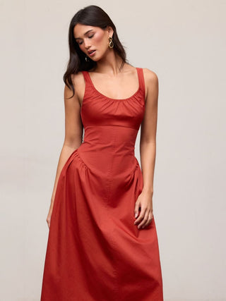Cotton Scoop Neckline A-line Midi Dress