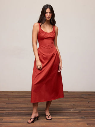 Cotton Scoop Neckline A-line Midi Dress