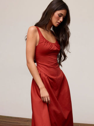 Cotton Scoop Neckline A-line Midi Dress