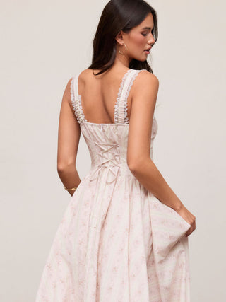 Cotton-blend Sculptural Sweetheart Ditsy Floral Lace Up Ruffled Maxi Dress