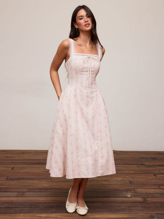 Cotton-blend Sculptural Sweetheart Ditsy Floral Lace Up Ruffled Maxi Dress