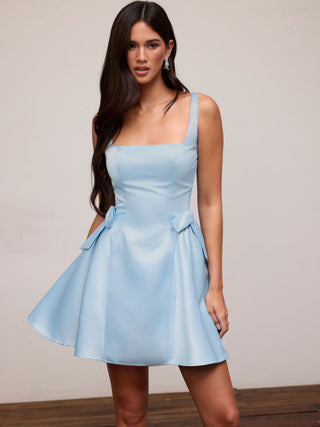 Satin Sculptural Square Neck Bowknot Flared Mini Dress