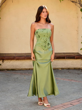 Lace Sculptural Embroidery Floral Corset Top & High Rise Mermaid Maxi Skirt Set