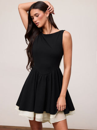 Knit Fabric Colorblock Boat Neck High Rise Bowknot Flared Mini Dress For Daily Casual Date