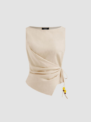 Linen-blend Beaded Knotted Ruched Tank Top