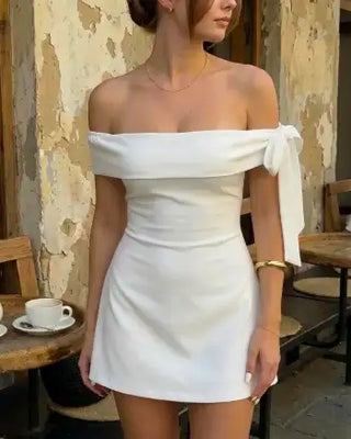 Jersey Off-shoulder Short Sleeve Bowknot Mini Dress