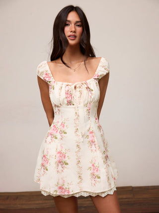 Square Neck Floral Knotted Mini Dress