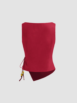 Linen-blend Beaded Knotted Ruched Tank Top