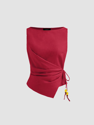 Linen-blend Beaded Knotted Ruched Tank Top