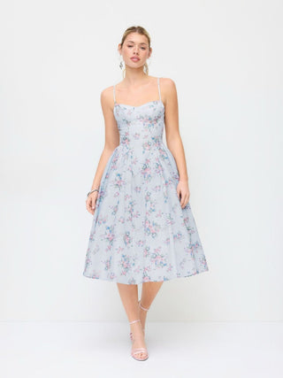 Textured Sculptural Floral Sweetheart Floral High Rise Flared Midi Dress