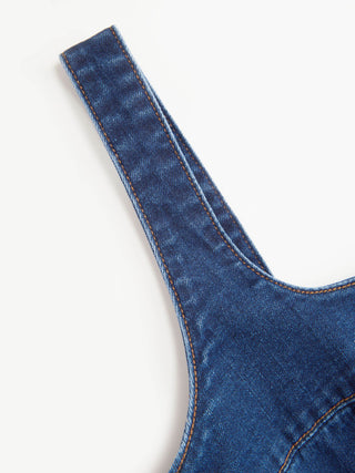 Denim Washed Square Neck Ruffled A-line Mini Dress