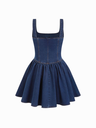 Denim Washed Square Neck Ruffled A-line Mini Dress