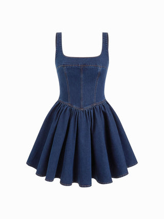 Denim Washed Square Neck Ruffled A-line Mini Dress
