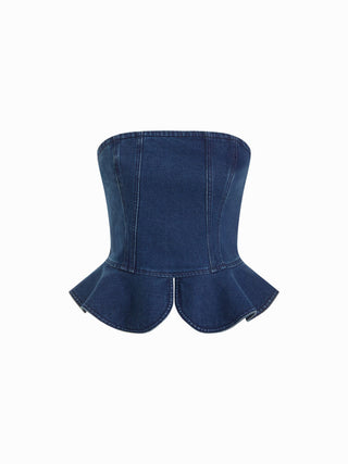 Stretch Denim Strapless Peplum Hem Bandeau Top