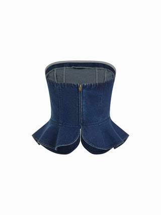 Stretch Denim Strapless Peplum Hem Bandeau Top