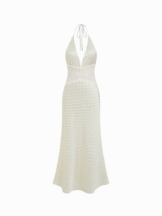 Satin Polka Dot V-neck Lace Panel Mermaid Maxi Dress