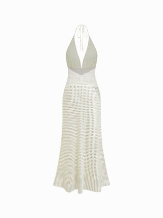 Satin Polka Dot V-neck Lace Panel Mermaid Maxi Dress