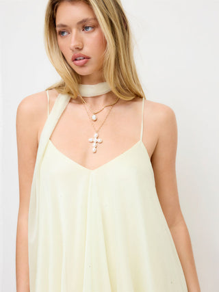 Sequin V-Neck Halter Ruffled Hem Oversized Mini Dress With Scarf