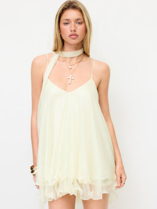 Sequin V-Neck Halter Ruffled Hem Oversized Mini Dress With Scarf