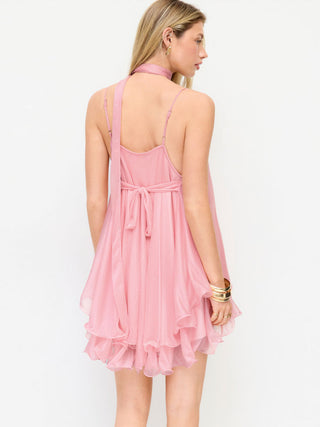 Sequin V-Neck Halter Ruffled Hem Oversized Mini Dress With Scarf