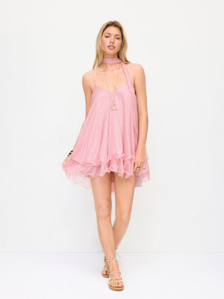 Sequin V-Neck Halter Ruffled Hem Oversized Mini Dress With Scarf