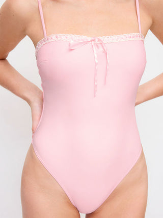 Square Neck Lace Trim Bowknot One Piece Swimsuit