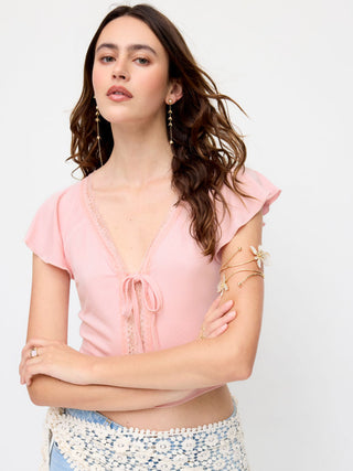 Knit Fabric  V-neck Lace Trim Tie Front Bell Sleeve Tops