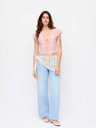 Knit Fabric  V-neck Lace Trim Tie Front Bell Sleeve Tops