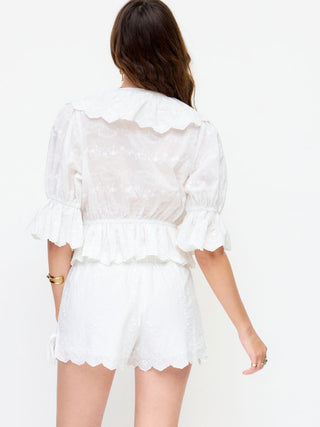 Cotton Low Rise Embroidery Tie Side Split Pointed Hem Oversized Shorts