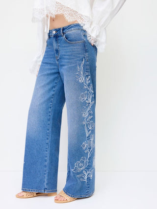 Denim Floral Embroidery Low Rise Straight Leg Jeans