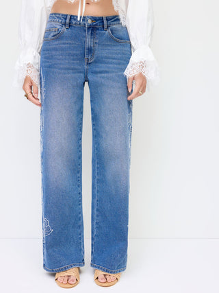 Denim Floral Embroidery Low Rise Straight Leg Jeans