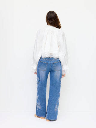 Denim Floral Embroidery Low Rise Straight Leg Jeans