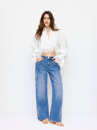 Denim Floral Embroidery Low Rise Straight Leg Jeans