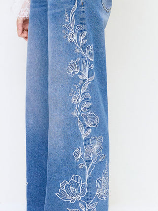 Denim Floral Embroidery Low Rise Straight Leg Jeans