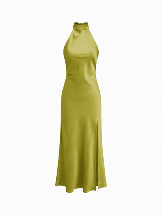 Satin Halter Neck Wrap High Rise Mermaid Maxi Dress
