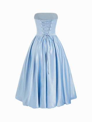 Satin Strapless Ruched Lace-up High Rise Bubble Maxi Dress