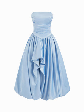 Satin Strapless Ruched Lace-up High Rise Bubble Maxi Dress