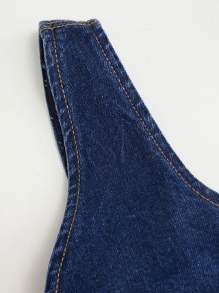 Stretch Denim V-neck Washed Pleated A-line Midi Dress