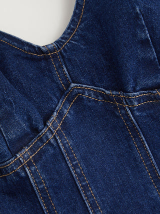 Stretch Denim V-neck Washed Pleated A-line Midi Dress