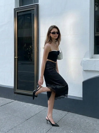 Satin High Rise Lace Panel Maxi Skirt