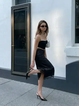 Satin High Rise Lace Panel Maxi Skirt