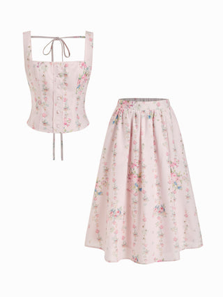 Textured Floral Square Neck Corset Top & Mid Rise Flared Midi Skirt Set