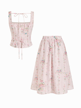 Textured Floral Square Neck Corset Top & Mid Rise Flared Midi Skirt Set