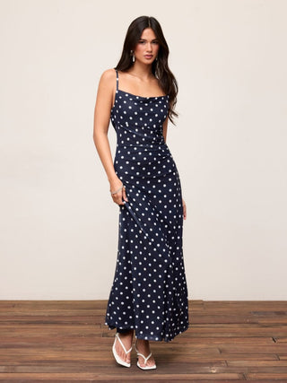 Mesh Polka Dot Lace Panel High Rise Mermaid Maxi Dress